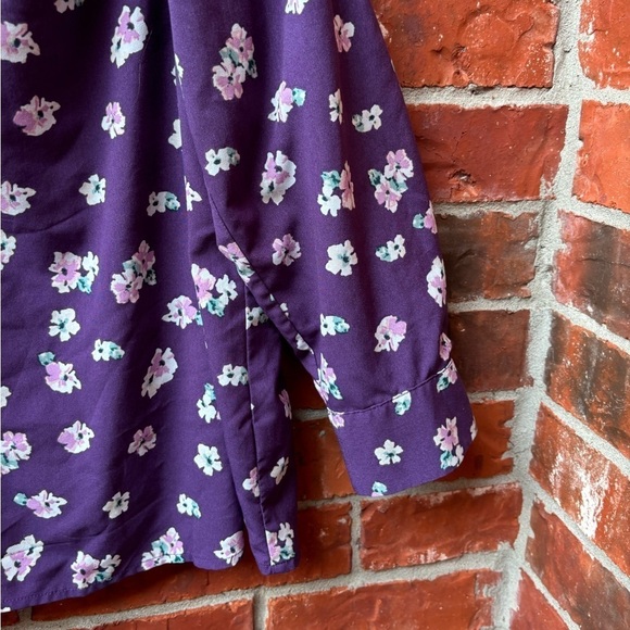 Lane Bryant 16 Purple Floral Sleeve Vneck Ruffle Long Roll Tab Career Blouse - Picture 3 of 10